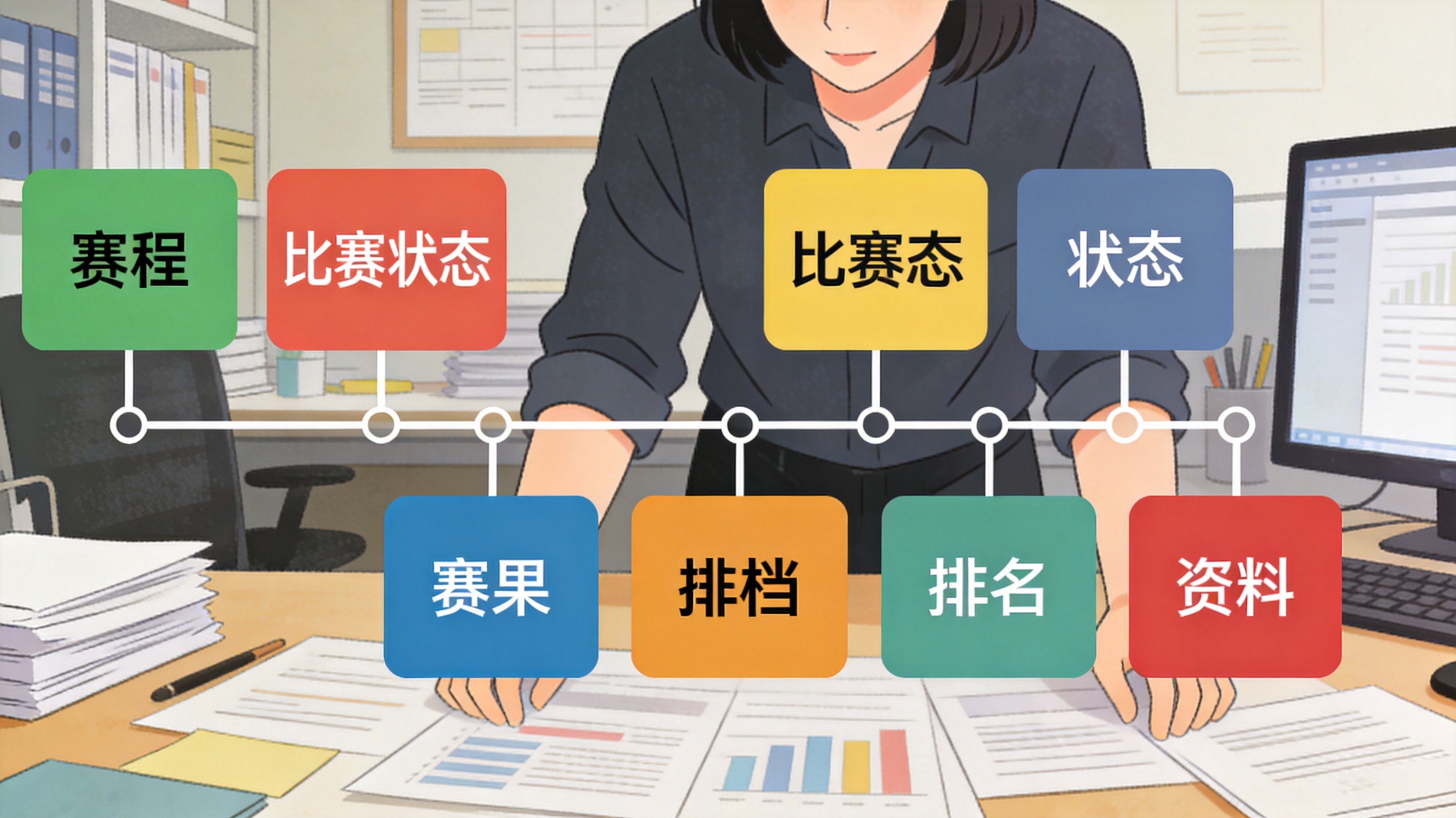数据整理模块中展示赛程、排名与赛果归档结构的界面示意图